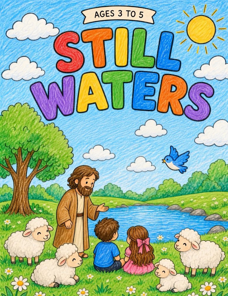Cover of Still Waters: Jesus with two children and lambs beside a quiet stream