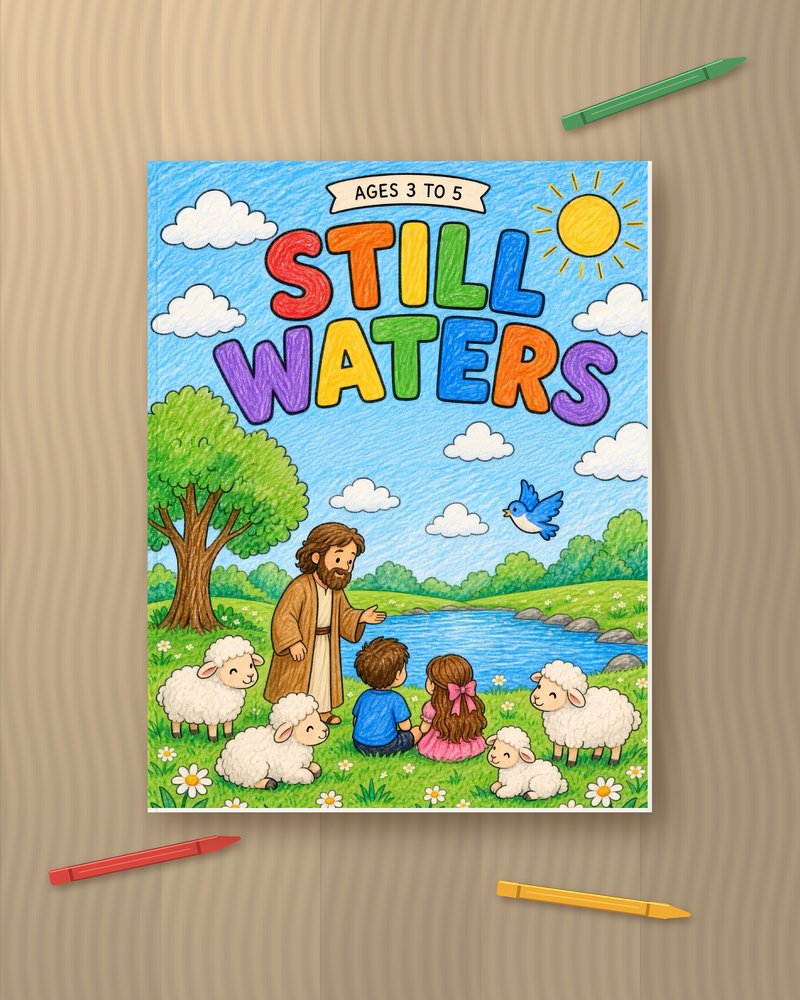Still Waters coloring book, ages 3 to 5: cover with Jesus, two children and lambs beside a quiet stream, shown on a wooden table with crayons
